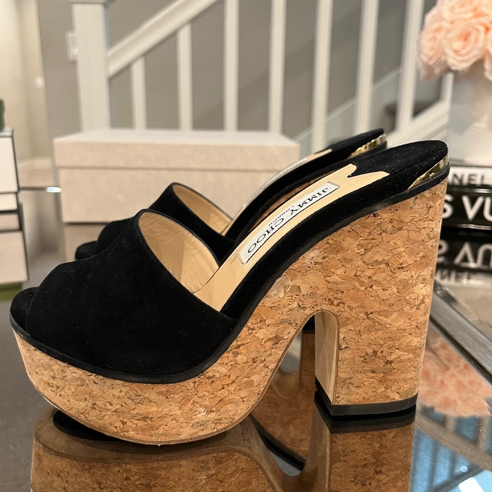 JIMMY CHOO  Black Suede Platform Sandals size 36 1/2 - Picture 2 of 11